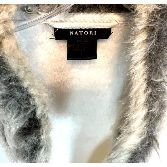 Natori Women's Faux Fur Trimmed Cozy Plush Kaftan Long Rob Size L Ivory Luxury - Picture 6 of 8